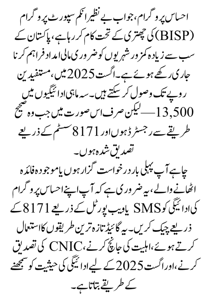 Check Ehsaas Program Payments Using 8171 in August 2025 for eligible beneficiaries under BISP. Learn how to confirm your CNIC registration and payment status via 8171 SMS or web portal.