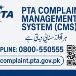 PTA Complaint Management System (CMS) poster with helpline number, website link, and QR code in blue and white theme.