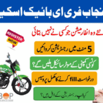 Promotional banner of the CM Punjab Free Bike Scheme 2025 featuring green electric and petrol bikes, a "Register Now" label, Maryam Nawaz’s photo, and key information in Urdu about eligibility, registration, and bike company details.