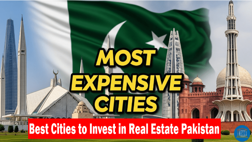 Pakistan's most expensive cities for real estate investment, featuring iconic landmarks and national flag.