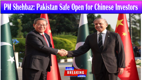PM Shehbaz Sharif shakes hands with a Chinese official in front of Pakistan and China flags, symbolizing strengthened bilateral investment ties.