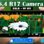 Smartphone screen showing LMC 8.4 R17 Camera APK interface with DSLR-like features, overlaid with flowers and camera settings.