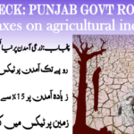 A distressed elderly farmer stands on cracked dry land with a poster highlighting Punjab's new agricultural income tax laws, featuring Urdu text and symbolic imagery.