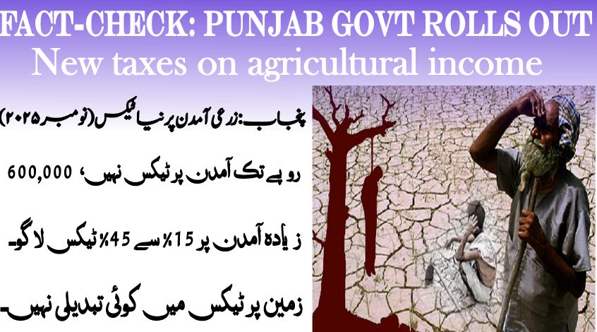 A distressed elderly farmer stands on cracked dry land with a poster highlighting Punjab's new agricultural income tax laws, featuring Urdu text and symbolic imagery.