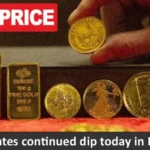 Various gold bars and coins displayed, with a hand holding one coin above, and a "NEW PRICE" label indicating gold rate change in Pakistan.