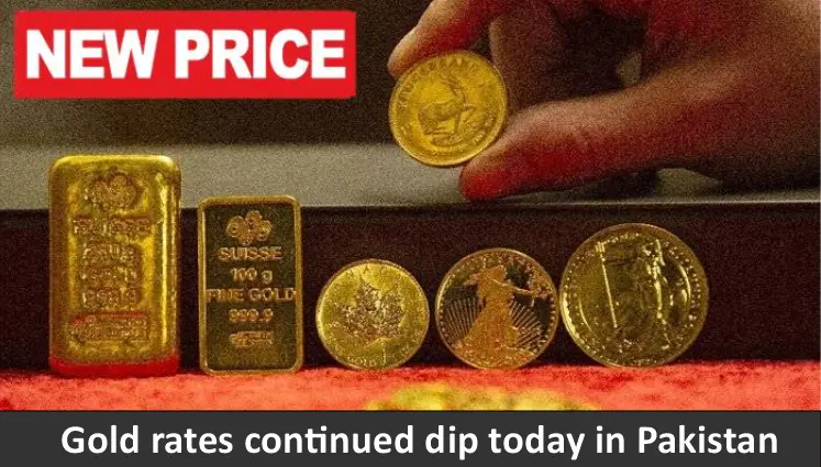 Various gold bars and coins displayed, with a hand holding one coin above, and a "NEW PRICE" label indicating gold rate change in Pakistan.