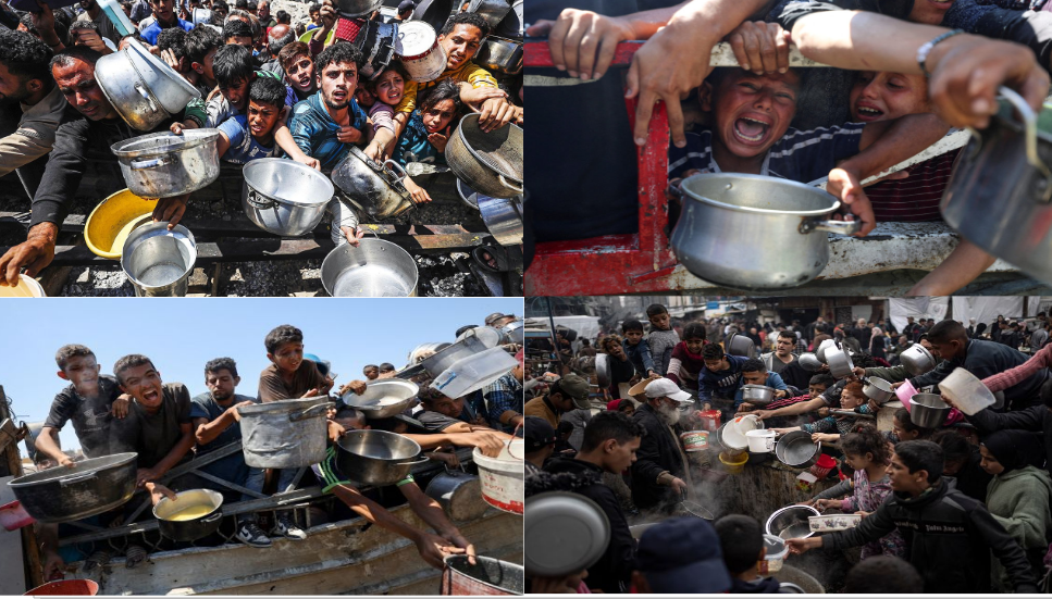 A collage of four images showing large crowds of people in Gaza desperately reaching out with pots and containers to receive food. The scenes depict intense hunger and chaos, with people of all ages stretching over barriers and gathering around food distribution points, highlighting the severe humanitarian crisis
