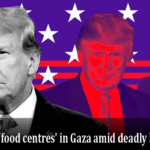 Image of Donald Trump with multiple stylized portraits of him in the background, set against a backdrop of stars and red stripes resembling the American flag. A headline reads: "US to set up 'food centres' in Gaza amid deadly hunger crisis."