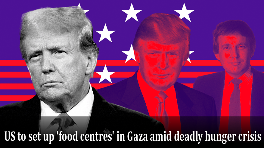 Image of Donald Trump with multiple stylized portraits of him in the background, set against a backdrop of stars and red stripes resembling the American flag. A headline reads: "US to set up 'food centres' in Gaza amid deadly hunger crisis."