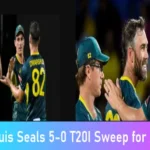 Australian cricketers celebrate as Dwarshuis helps secure a 5-0 T20I series win.