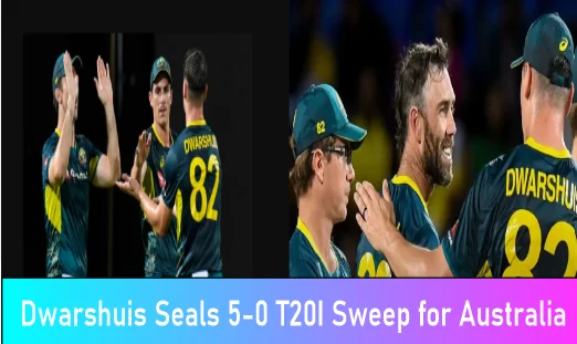Australian cricketers celebrate as Dwarshuis helps secure a 5-0 T20I series win.