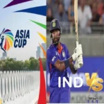 Asia Cup 2025 trophy with Indian and Pakistani cricketers facing off