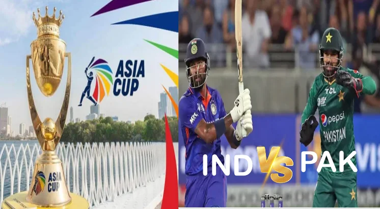 Asia Cup 2025 trophy with Indian and Pakistani cricketers facing off