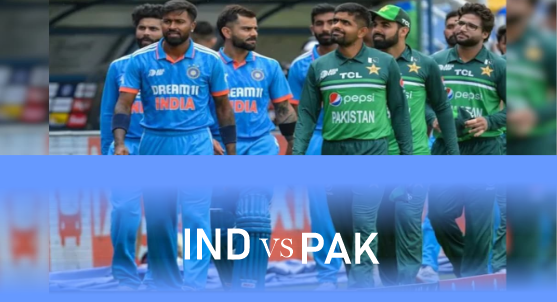 Indian and Pakistani cricket players seen together before a high-profile tournament fixture, representing their teams in official kits