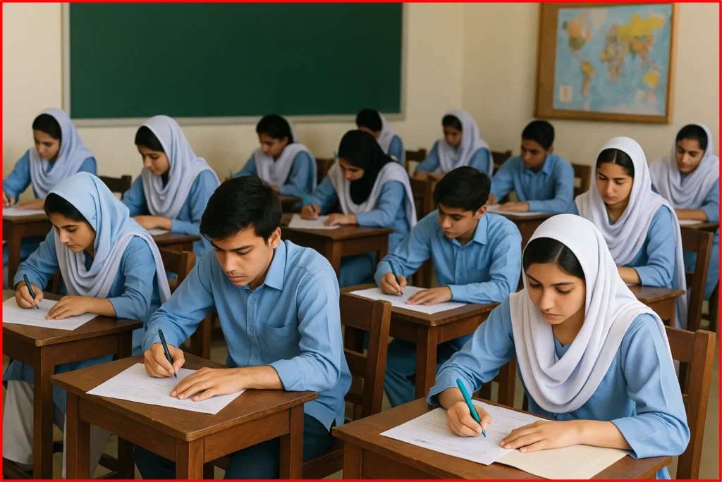 "Students appearing in board exams in a Pakistani classroom as Punjab announces intermediate result date, showing focused preparation and examination environment."