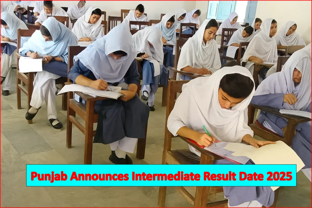 Female students writing board exam papers in a classroom as Punjab announces intermediate result date 2025
