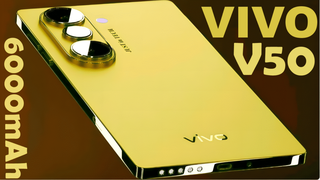 Vivo V50 smartphone rear view featuring dual camera setup with red arrow highlighting premium lens design