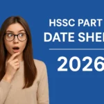 HSSC Part 2 Date Sheet 2026 announcement with surprised female student on blue background, creating curiosity and exam update vibe.