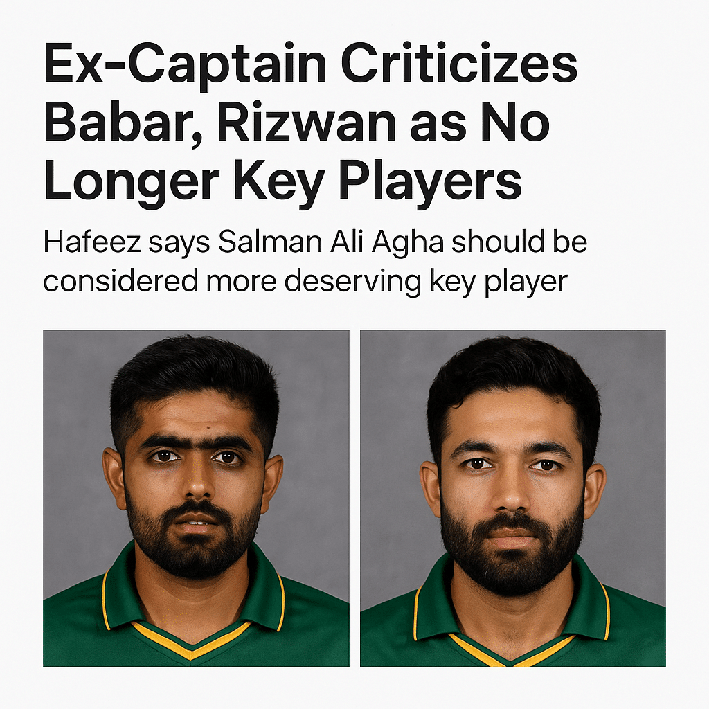 Two Pakistani cricketers, Babar Azam and Mohammad Rizwan, in training jerseys during a T20I match preparation, discussing strategy on the field.
