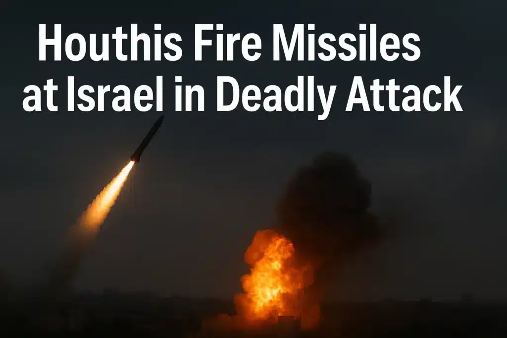 A missile is fired into the night sky as a large explosion and fire erupt in the distance, with smoke billowing upwards.
