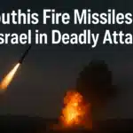 A missile is fired into the night sky as a large explosion and fire erupt in the distance, with smoke billowing upwards.