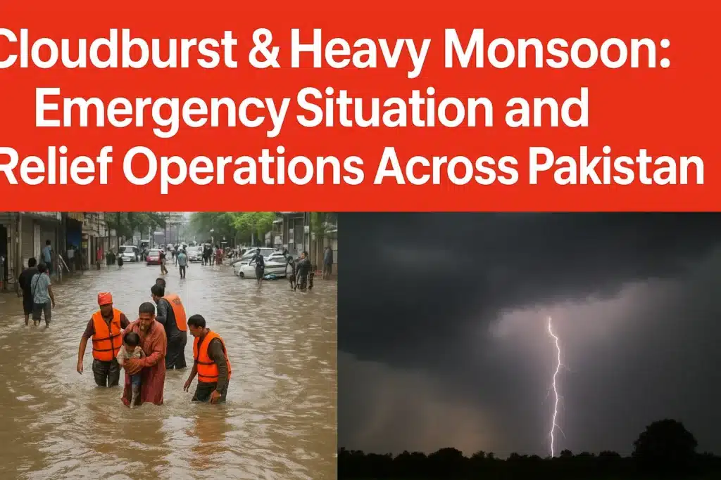 Rescue workers assist residents in flooded streets as heavy monsoon rains and lightning storms hit Pakistan.