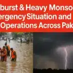 Rescue workers assist residents in flooded streets as heavy monsoon rains and lightning storms hit Pakistan.