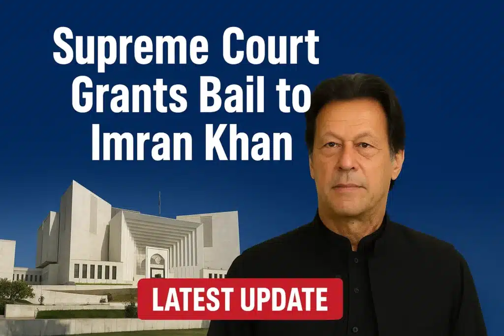 Supreme Court grants bail to Imran Khan – news poster with court building and breaking news headline