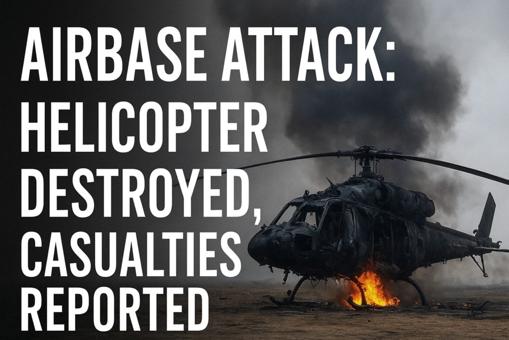 Burning military helicopter wreckage after an airbase attack with smoke rising.