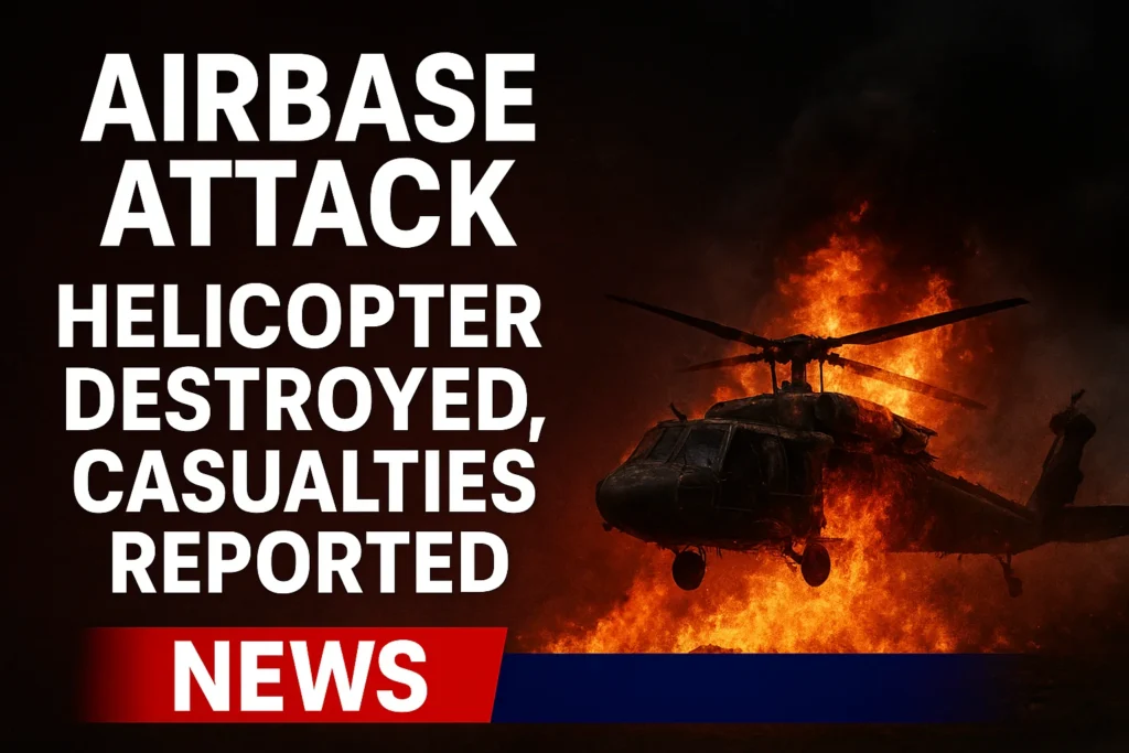 Burning military helicopter wreckage after an airbase attack with smoke rising.