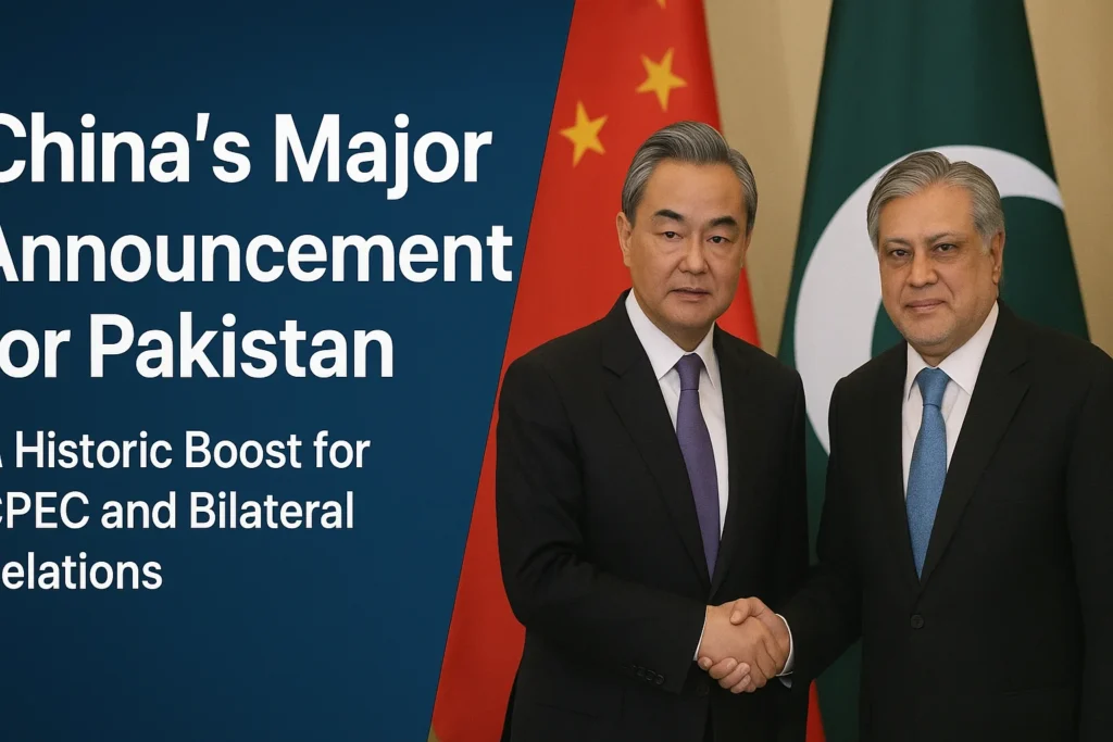 Chinese and Pakistani foreign ministers Wang Yi and Ishaq Dar shake hands with national flags in the background, symbolizing a major bilateral announcement.