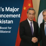 Chinese and Pakistani foreign ministers Wang Yi and Ishaq Dar shake hands with national flags in the background, symbolizing a major bilateral announcement.