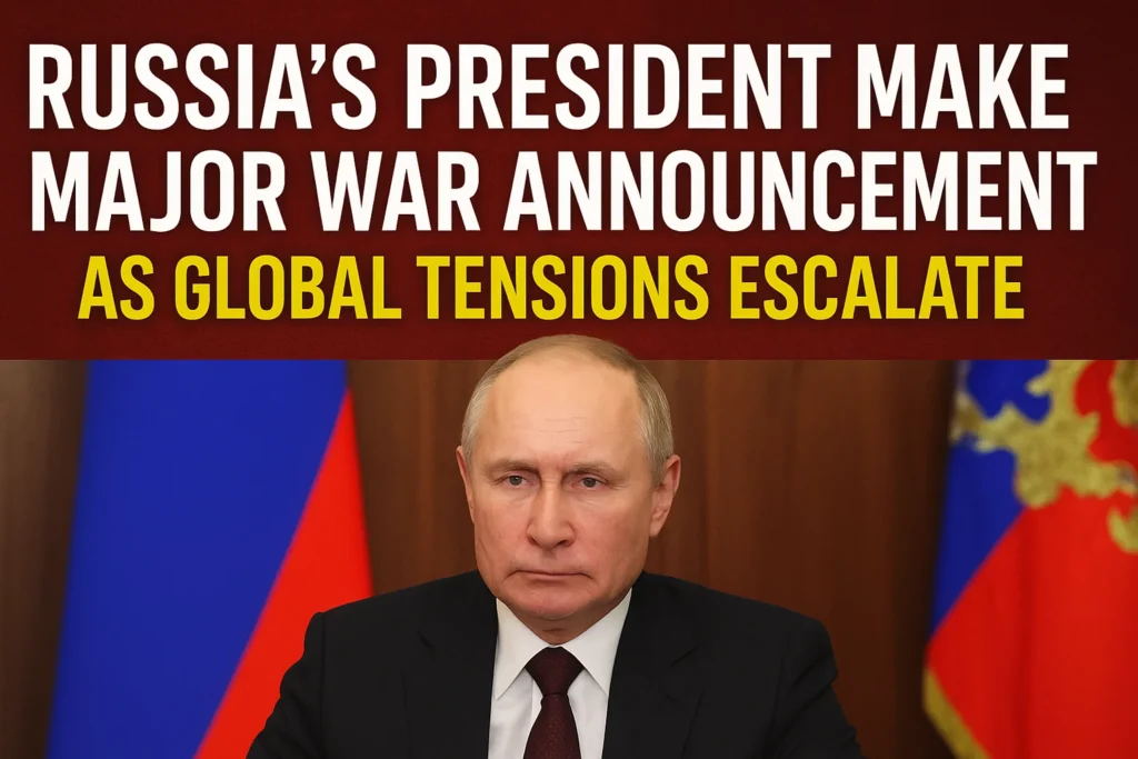 Digital news graphic showing Russia’s President making a major war announcement with global tensions rising.