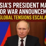 Digital news graphic showing Russia’s President making a major war announcement with global tensions rising.