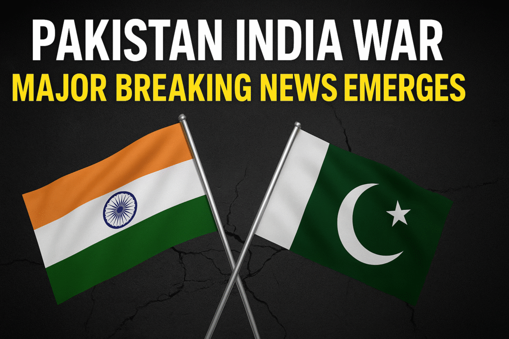 Pakistan and India flags crossed with headline "Pakistan India War Major Breaking News Emerges".