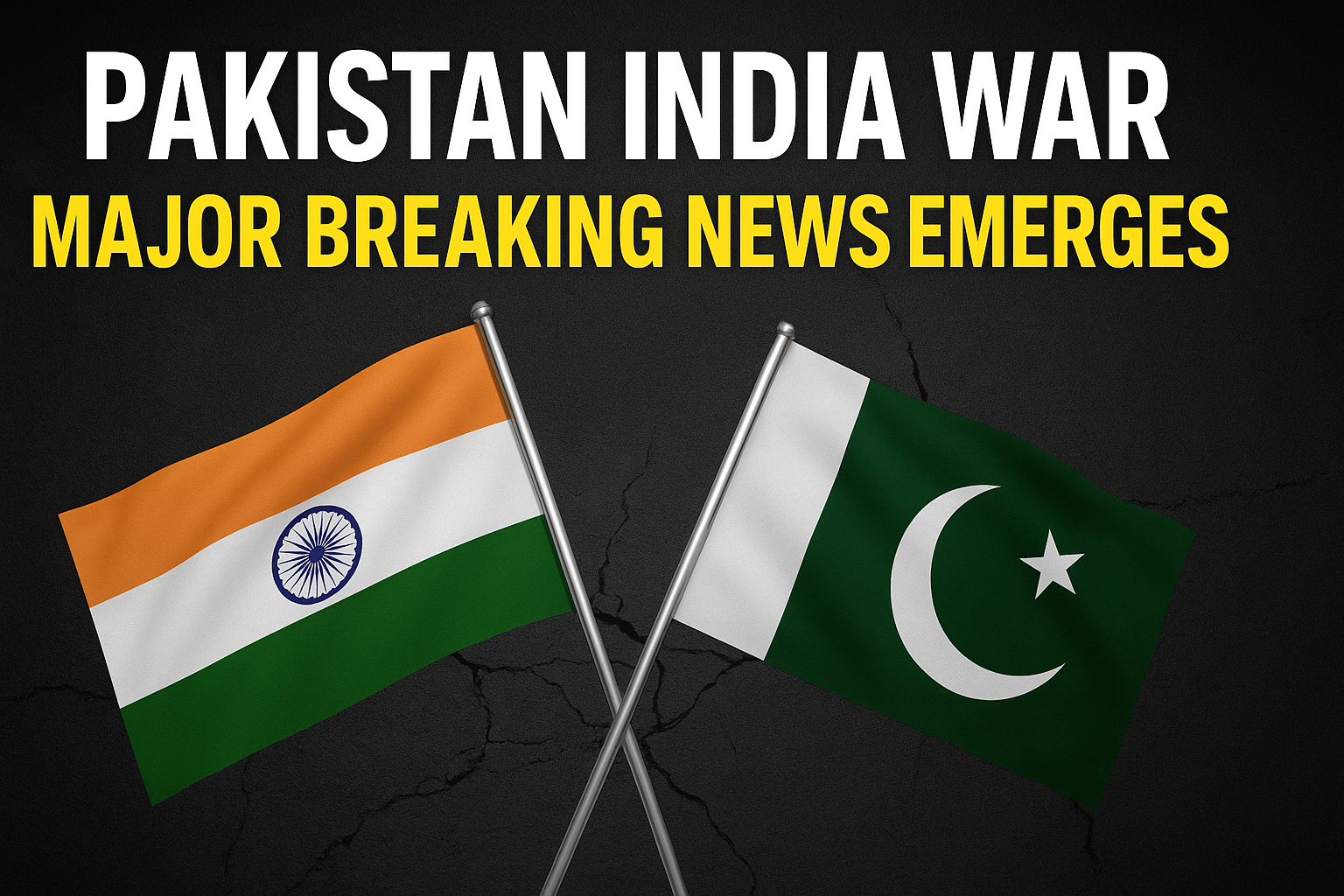 Pakistan and India flags crossed with headline "Pakistan India War Major Breaking News Emerges".
