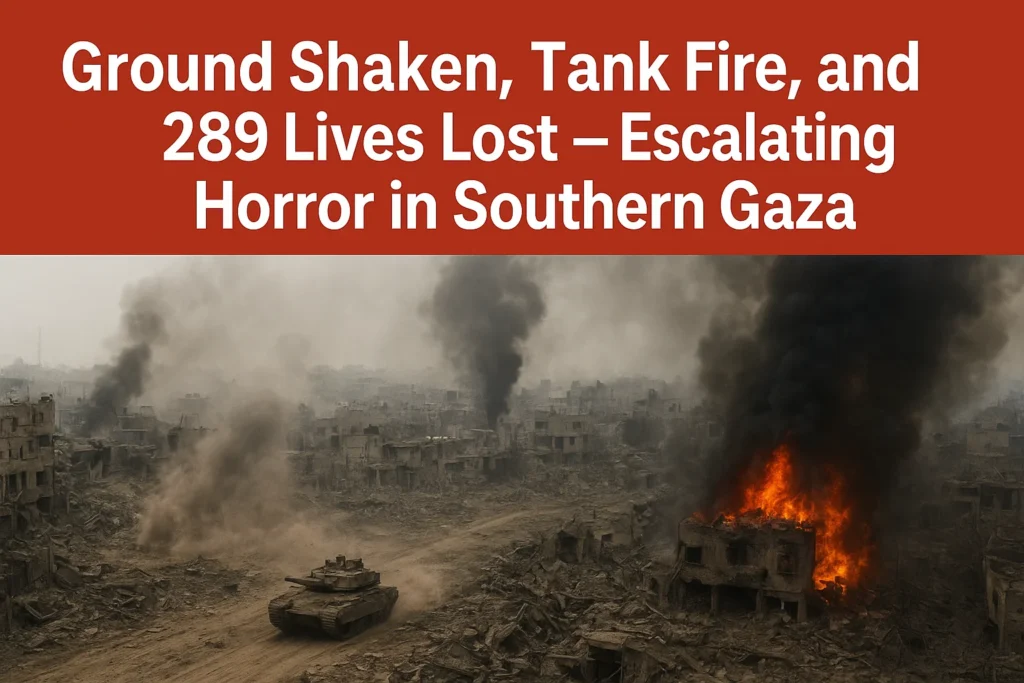 "Breaking news digital banner showing Israeli airstrikes and tank shelling in Gaza with headline about 289 deaths."