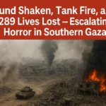"Breaking news digital banner showing Israeli airstrikes and tank shelling in Gaza with headline about 289 deaths."