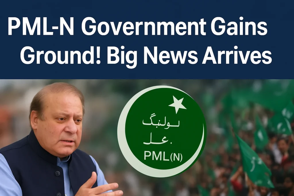 PML-N Government Gains Ground headline with Nawaz Sharif, party logo, and supporters waving green flags.