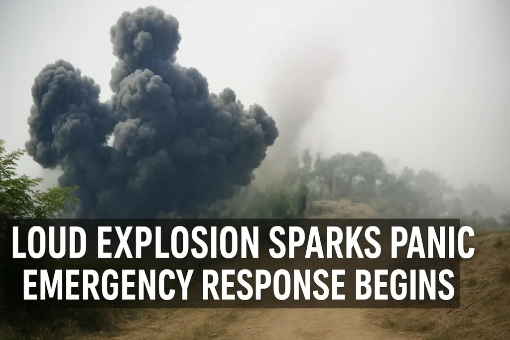 Thick smoke rising after a loud explosion with emergency response text overlay.