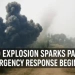 Thick smoke rising after a loud explosion with emergency response text overlay.