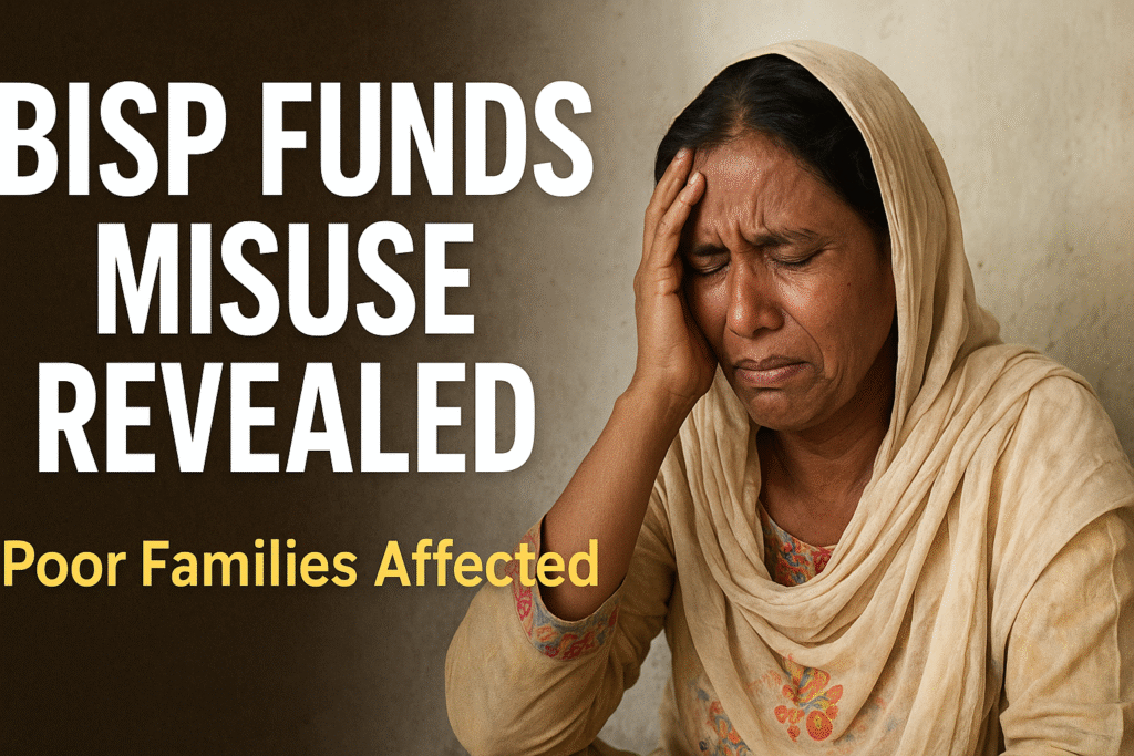 News graphic highlighting BISP funds misuse and its impact on poor families.