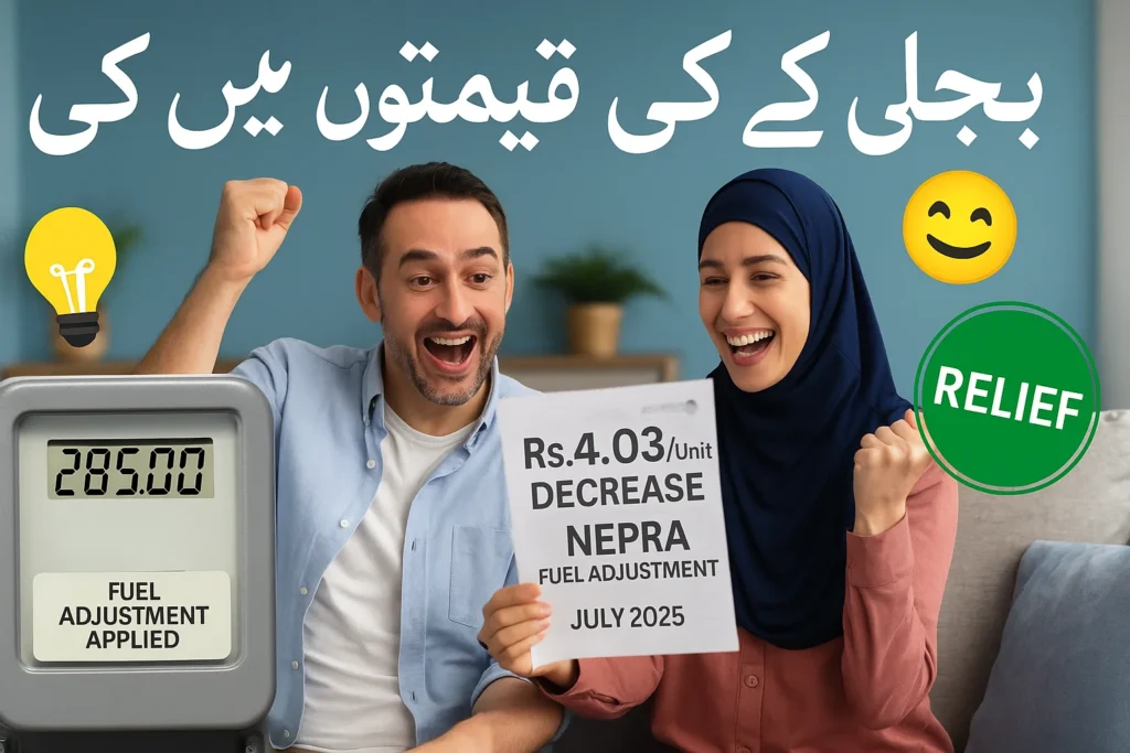 A cheerful Pakistani couple sitting in a living room celebrating a decrease in electricity bills, holding a paper that reads “Rs.4.03/Unit Decrease – NEPRA Fuel Adjustment – July 2025,” with a digital meter and relief icons in the background.