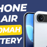 Render of iPhone 17 Air showing rear camera design with text highlighting 2900mAh battery capacity on blue background