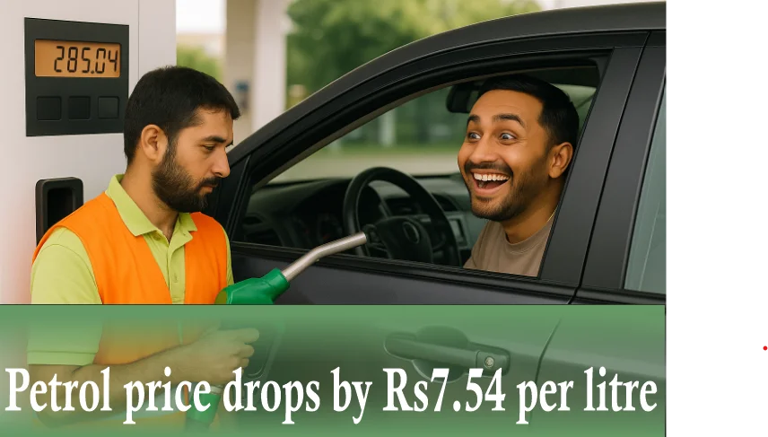 Petrol station worker refueling a car as a happy driver reacts to the new lower petrol price.