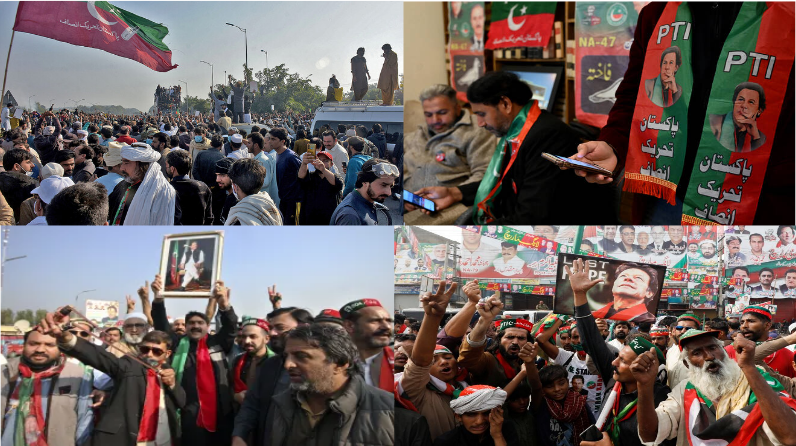 Collage of PTI supporters at rallies, holding flags, banners, and portraits of Imran Khan.