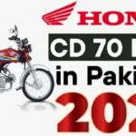 Honda CD 70 motorcycle image with pricing information for Pakistan, year 2025, displayed in bold and stylized text alongside the Honda logo.