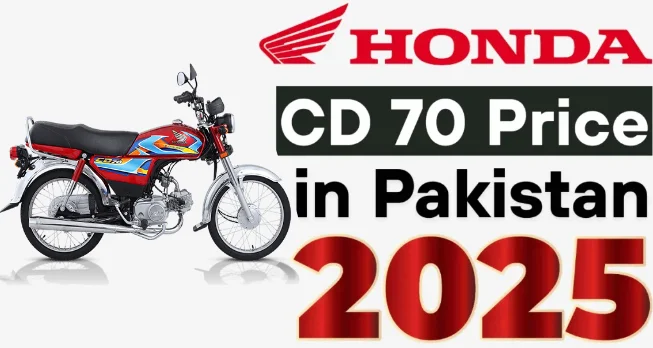 Honda CD 70 motorcycle image with pricing information for Pakistan, year 2025, displayed in bold and stylized text alongside the Honda logo.