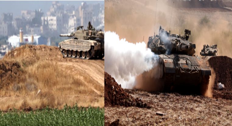"Breaking news digital banner showing Israeli airstrikes and tank shelling in Gaza with headline about 289 deaths."