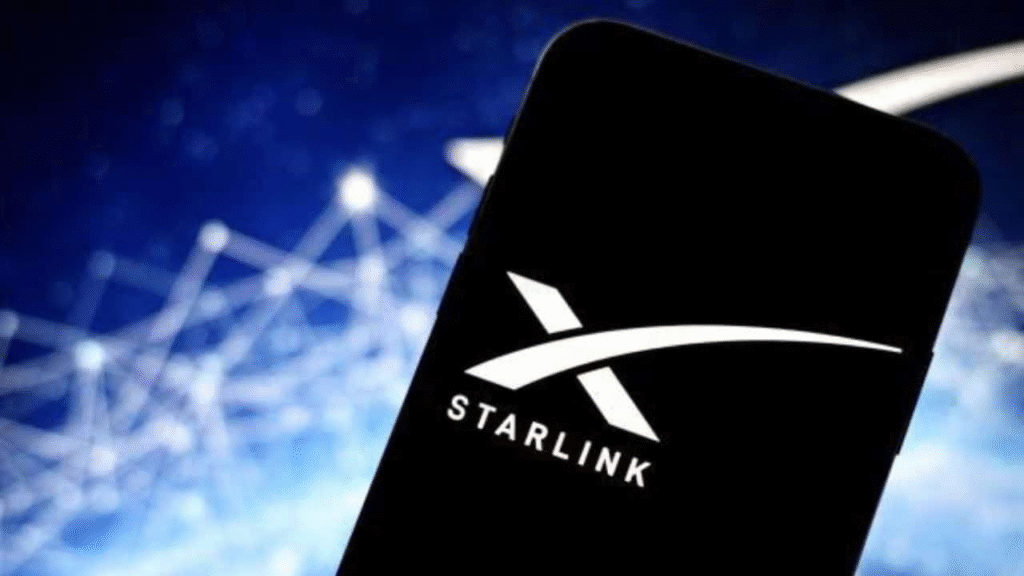Starlink Direct-to-Cell satellite connectivity logo on smartphone screen, representing global no-dead-zone mobile coverage.
